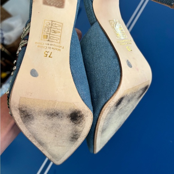 Anthropologie Jeffrey Campbell Women's Embroidered Denim Mules - Red and Gold - Picture 5 of 6